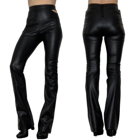 Zara Black Cutout Faux Leather Legging Pant XS Vegan Flare Leg High Waist Sexy - Picture 1 of 12